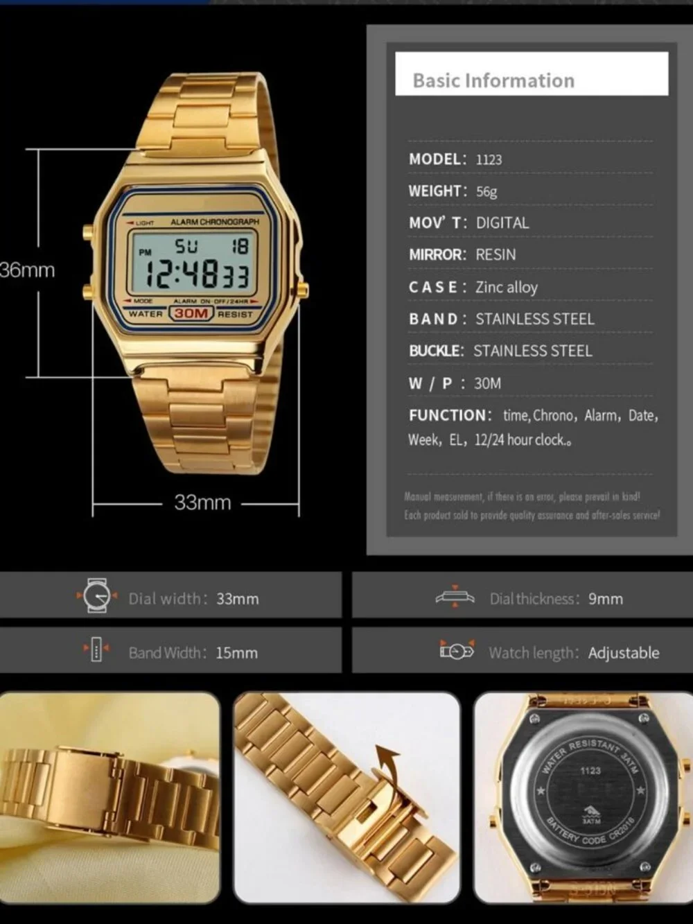 Stylish Men's Digital Gold Stainless Steel Watch - Waterproof, LED Display